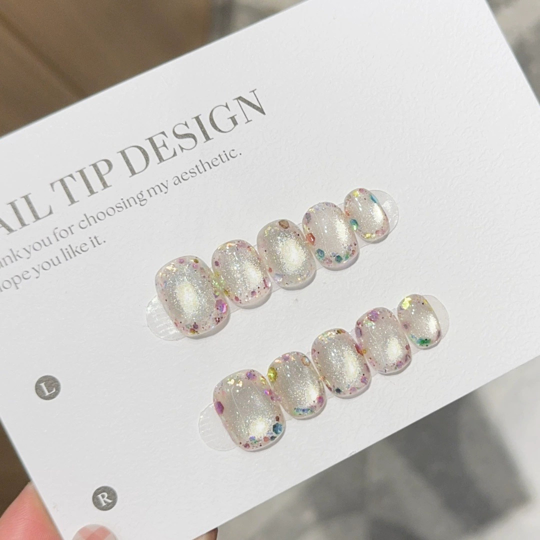 Nail Art Press On - 10pcs Short Summer Colorful Gemstone Fake