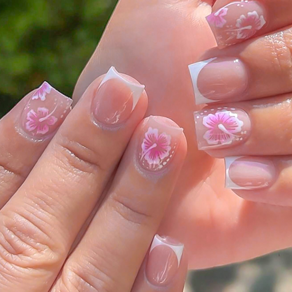 Nail Art Press On - 24Pcs French Flower False Nails Pink